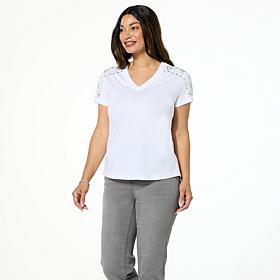 "As Is" DG2 by Diane Gilman Embellished Rhinestone V-Neck Short Sle...