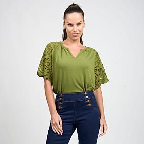 "As Is" DG2 by
Diane Gilman Embroidered Eyelet Sleeve Mixed Media Tee