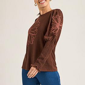 "As Is" DG2 by Diane Gilman Embroidered Juliette-Sleeve Sweater