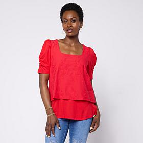 "As Is" DG2 by Diane Gilman Embroidered Puff-Sleeve Square-Neck Top