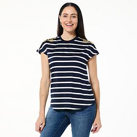 "As Is" DG2 by Diane Gilman Embroidered Striped Knit Tee