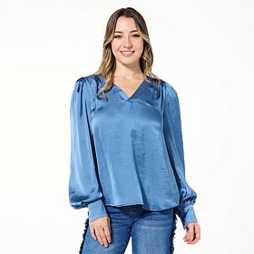 "As Is" DG2 by Diane Gilman Hammered Satin Draped Sleeve Blouse