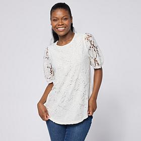 "As Is" DG2 by Diane Gilman Lace Eyelet Embroidered Puff-Sleeve Top