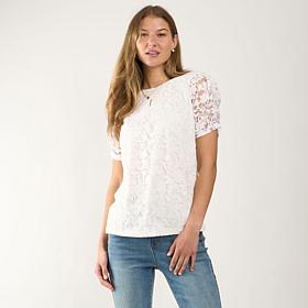 "As Is" DG2 by Diane Gilman Mixed Media Puff Sleeve Top with Keyhol...