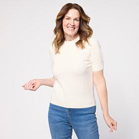 "As Is" DG2 by Diane Gilman Pointelle SoftEase Knit Puff-Sleeve Swe...