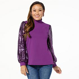 "As Is" DG2 by Diane Gilman Sequin Sleeve Mock-Neck Top