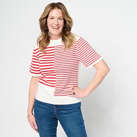 "As Is" DG2 by Diane Gilman Softease Mix Stripe Short Sleeve Sweater