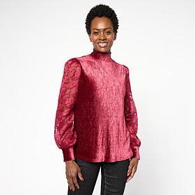 "As Is" Diane Gilman Embroidered Tulle Sleeve Mock Neck Top