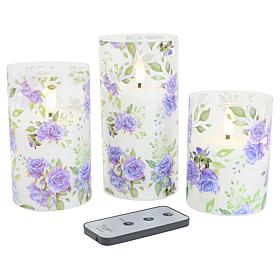 "As Is" Emryn House Floral Glass Flameless Candles Set of 3 with Re...