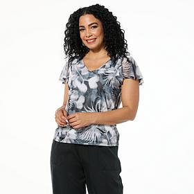 "As Is" G by Giuliana Printed Aria Mesh Knit Flutter-Sleeve Top