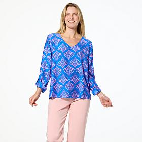 "As Is" G by Giuliana Printed Woven Top with Rolled Up Sleeves