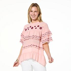 "As Is" G by Giuliana Woven Embroidered Ruffle Top
