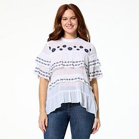 "As Is" G by Giuliana Woven Embroidered Ruffle Top