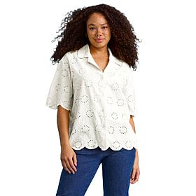 "As Is" HUE Button Down Eyelet Top with Scalloped Trim