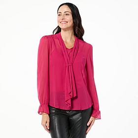 "As Is" Jaclyn Smith Crinkle Chiffon Puff Sleeve Neck Tie Blouse