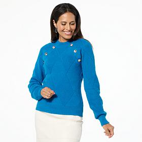 "As Is" Jaclyn Smith Diamond Stitch Button Detail Pullover Sweater