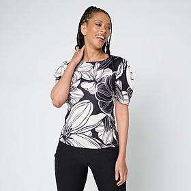 "As Is" Jaclyn Smith Fine Ribbed Knit Pleated Puff-Sleeve Tee