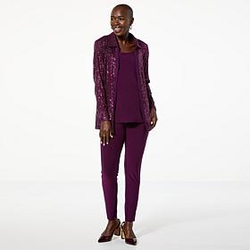 "As Is" Nina Leonard 3-piece Sequined Button-Front Top, Tank and Pa...