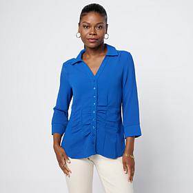 "As Is" Nina Leonard 3/4-Sleeve Textured Wave Ruched Waist Collared...