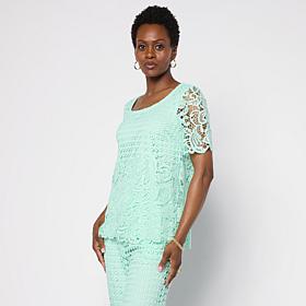"As Is" Nina Leonard Border Lace Elbow Sleeve Top