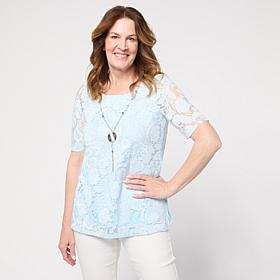 "As Is" Nina Leonard Burnout Knit Elbow Sleeve Necklace Top 