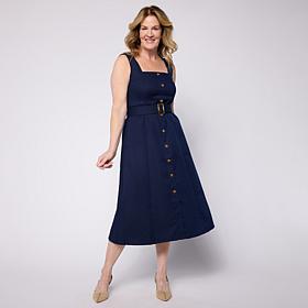 "As Is" Nina Leonard Button-Front Stretch Linen Sleeveless Dress
