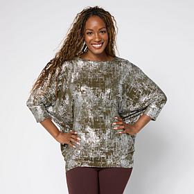 "As Is" Nina Leonard Foiled Knit Boat Neck 3/4-Sleeve Tunic