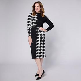 "As Is" Nina Leonard Jacquard Long-Sleeve Mock-Neck Sheath Dress