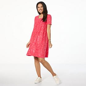 "As Is" Nina Leonard Jacquard Scoop Neck Elbow Sleeve Trapeze Dress
