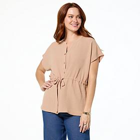 As Is Nina Leonard Notch Neck Button-Front Top