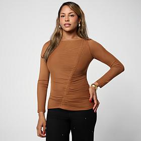 "As Is" Nina Leonard Powermesh Angled Rouched Long Sleeve Top