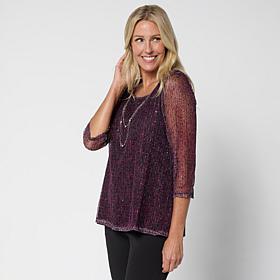 "As Is" Nina Leonard Printed Mesh Knit Sequin Top with Detachable N...