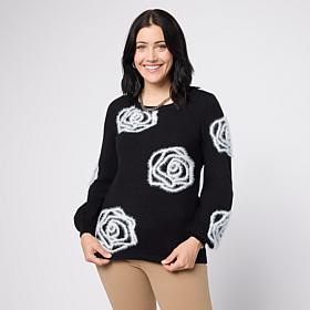 "As Is" Nina Leonard Round Neck Sweater with 3D Flowers
