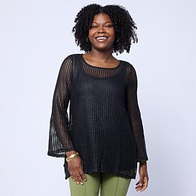 "As Is" Nina Leonard Scoop Neck Open Mesh Foiled Lace Tunic