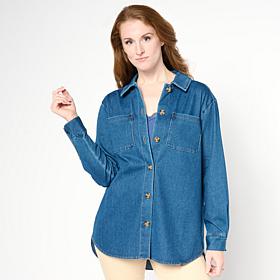 "As Is" Nina Leonard Stretch Knit Denim Collared Shirt
