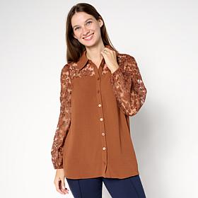 "As Is" Nina Leonard Textured Wave and Embroidered Mesh Top