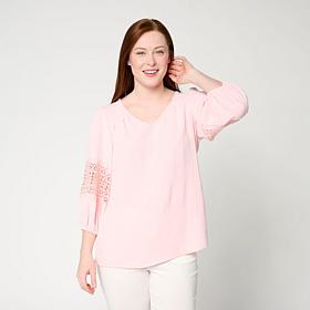 "As Is" Nina Leonard Textured Wave Balloon Sleeve V-Neck Top