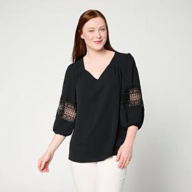 "As Is" Nina Leonard Textured Wave Balloon Sleeve V-Neck Top