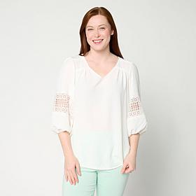 "As Is" Nina Leonard Textured Wave Balloon Sleeve V-Neck Top