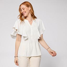 "As Is" Nina Leonard Textured Wave Flutter-Sleeve Mandarin Collar B...