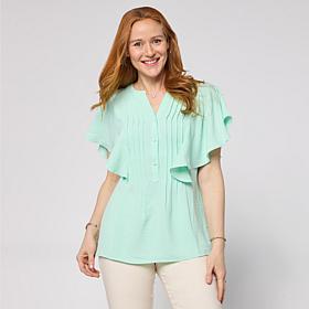 "As Is" Nina Leonard Textured Wave Flutter-Sleeve Mandarin Collar B...