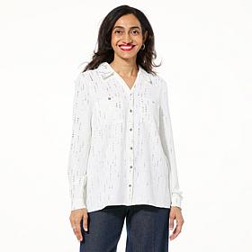 "As Is" Nina Leonard Textured Wave Foil Print Button Down Top