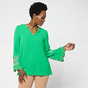 "As Is" Nina Leonard Textured Wave Knit Embroidered Bell-Sleeve Top