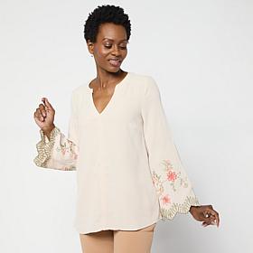 "As Is" Nina Leonard Textured Wave Knit Embroidered Bell-Sleeve Top