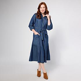 "As Is" TWRHLL by Christie Brinkley Belted Denim Midi Dress