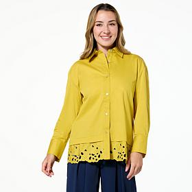 "As Is" WynneCollection Cotton-Blend Poplin Top with Lace Hem