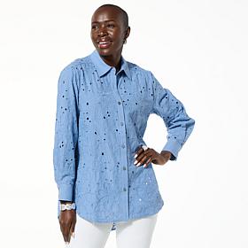 "As Is" WynneCollection Embroidered Button-Down Cotton Shirt
