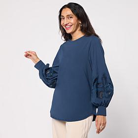 "As Is" WynneCollection Embroidered Eyelet Sleeve Shirt 