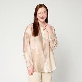 "As Is" WynneCollection Printed Woven Long-Sleeve Collared Shirt
