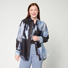 "As Is" WynneCollection Printed Woven Long-Sleeve Collared Shirt